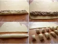Przygotowanie pasztecików z mięsem: ciasto z farszem zwijane w roladę, a następnie krojone na porcje.