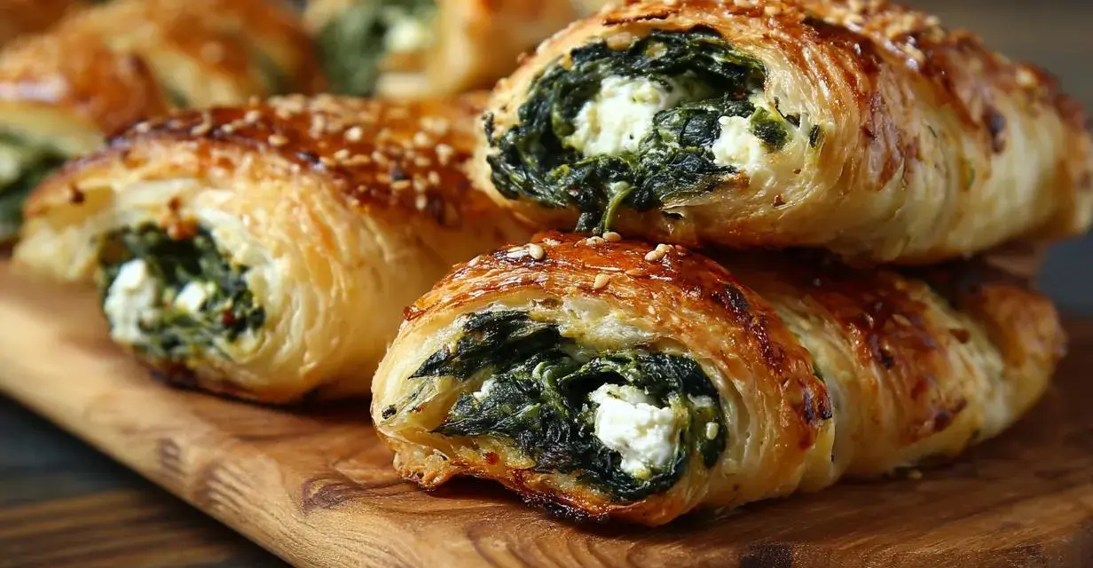 Chrupiące ciasto francuskie ze szpinakiem i serem feta, posypane sezamem, ułożone na drewnianej desce.