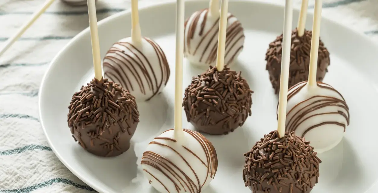 Słodkie cake pops na patyczkach, niektóre w czekoladzie z posypką, inne w białej polewie z czekoladowymi paskami.