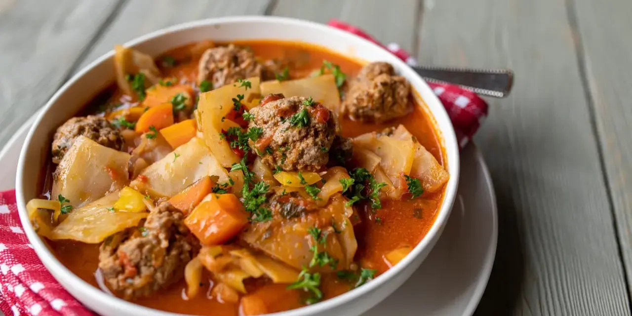 Aromaticzna zupa gołąbkowa z klopsikami, kapustą i marchewką, posypana natką pietruszki.