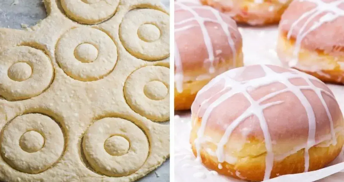 Pączki z piekarnika w trakcie przygotowania i gotowe, polane lukrem.