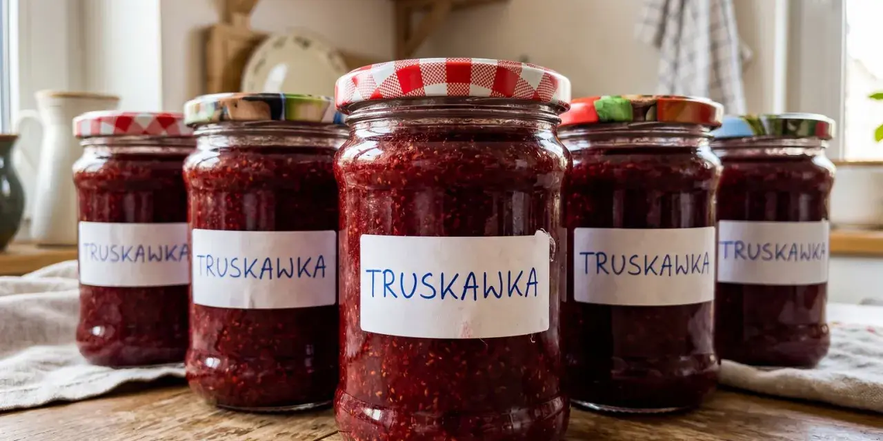 Słoiki domowego dżemu z truskawek, gotowe do spiżarni. Przepis na ten pyszny dżem z pewnością przyda się latem.