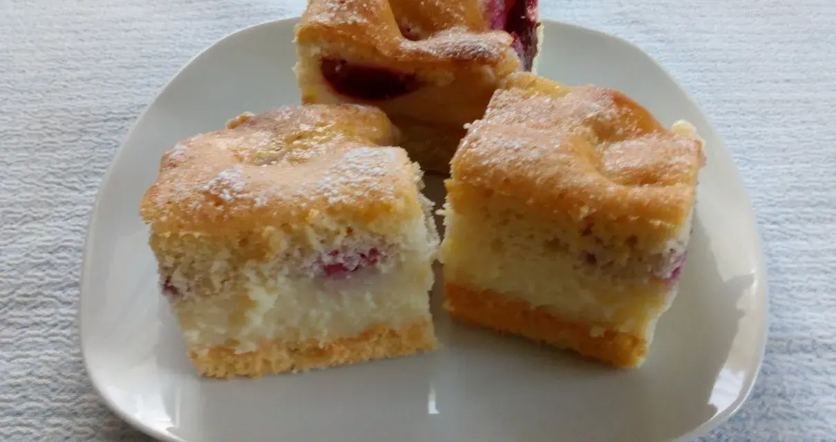 Puszysty biszkopt z masą budyniową i owocami, posypany cukrem pudrem. Idealny na deser.