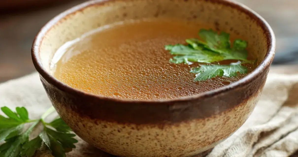 Aromaticzny bulion w glinianej misce, ozdobiony natką pietruszki. Idealny przepis na to, jak zrobić bulion, który rozgrzeje serce.