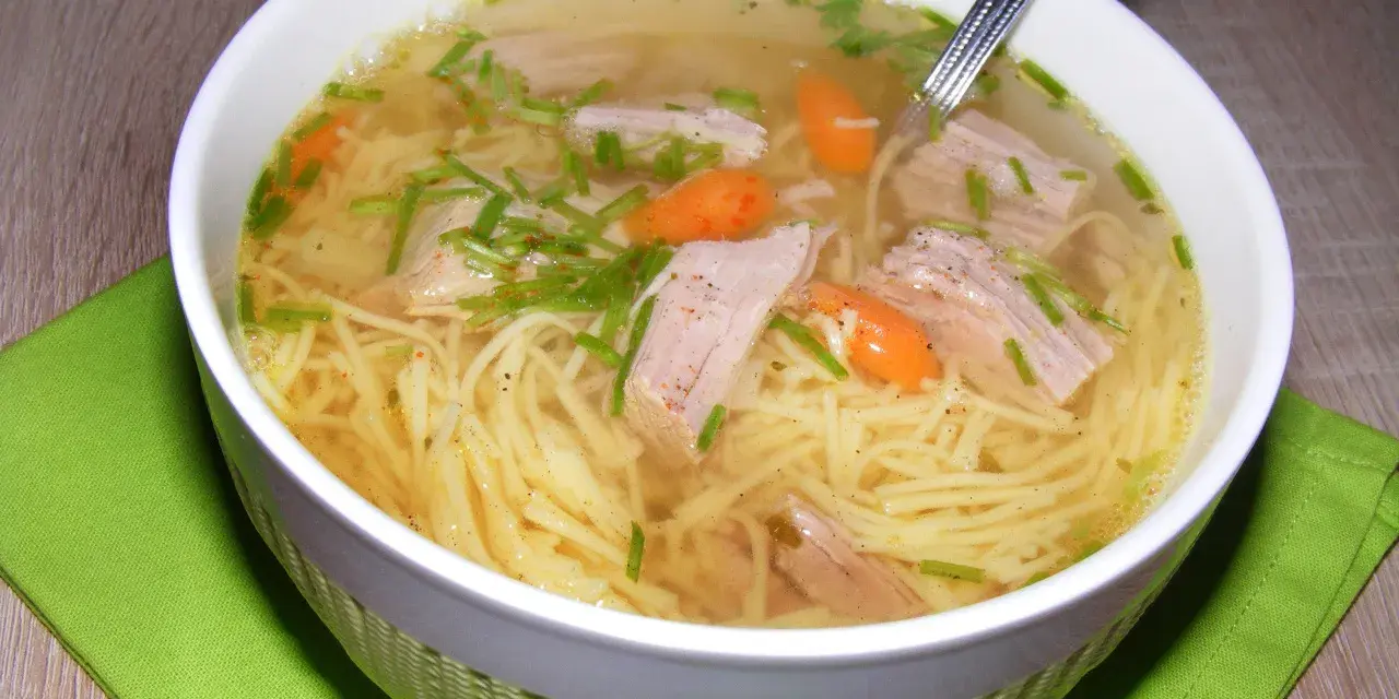Aromaticzny rosół z indyka z makaronem nitki, kawałkami mięsa i marchewką, posypany szczypiorkiem.