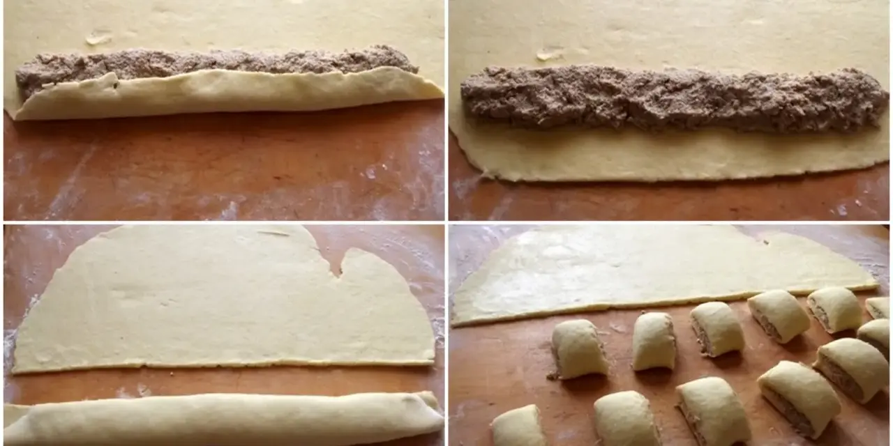 Przygotowanie pasztecików z mięsem: ciasto z farszem zwijane w roladę, a następnie krojone na porcje.