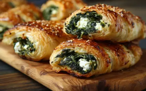 Chrupiące ciasto francuskie ze szpinakiem i serem feta, posypane sezamem, ułożone na drewnianej desce.