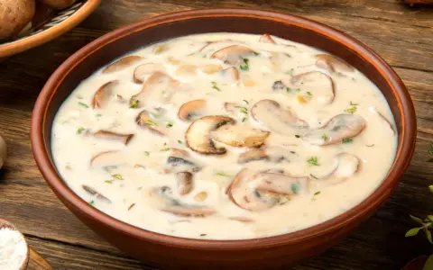Aksamitna zupa pieczarkowa w glinianej misce, pełna kawałków pieczarek i ziół, na drewnianym stole.