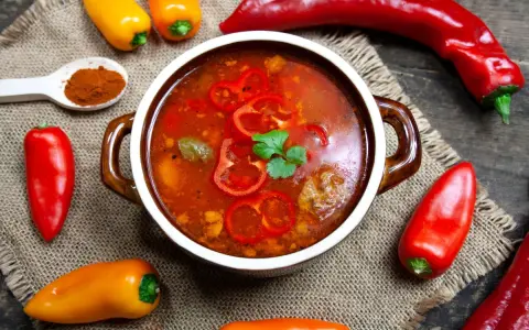 Aromaticzna zupa gulaszowa w misce, otoczona papryczkami chili i słodkimi paprykami. Na łyżce mielona papryka.