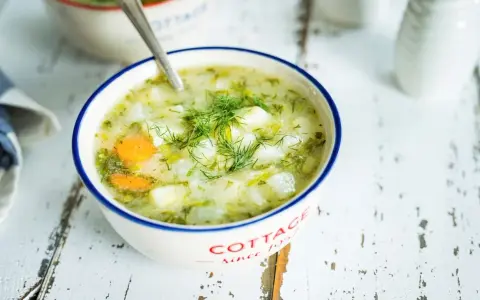 Aromaticzna zupa koperkowa z ziemniakami i marchewką, udekorowana świeżym koperkiem, podana w miseczce z napisem "Cottage".