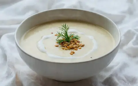 Aksamitny zupa krem z dodatkiem orzeszków piniowych i świeżego koperku, podana w białej misce na tle białej tkaniny.