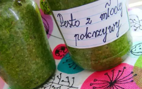 Dwa słoiki domowego pesto z młodej pokrzywy, gotowe do spożycia.