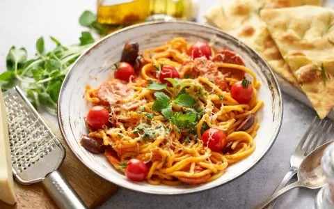 Pyszne spaghetti z chorizo, pomidorkami koktajlowymi i świeżą bazylią, posypane parmezanem. Idealne danie dla miłośników włoskich smaków.