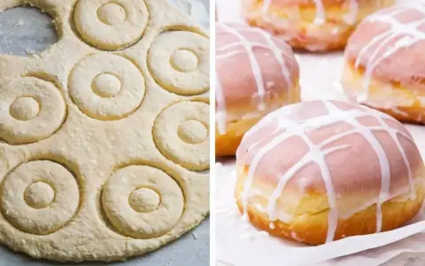 Pączki z piekarnika w trakcie przygotowania i gotowe, polane lukrem.