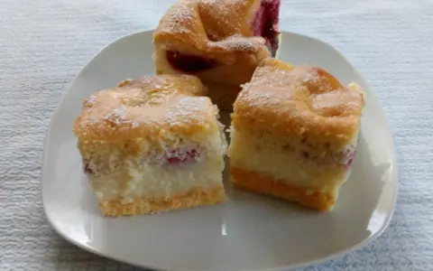 Puszysty biszkopt z masą budyniową i owocami, posypany cukrem pudrem. Idealny na deser.