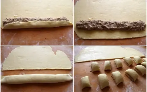 Przygotowanie pasztecików z mięsem: ciasto z farszem zwijane w roladę, a następnie krojone na porcje.
