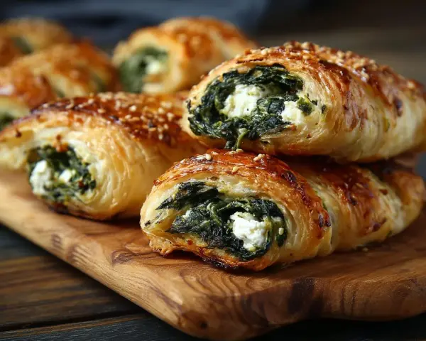 Chrupiące ciasto francuskie ze szpinakiem i serem feta, posypane sezamem, ułożone na drewnianej desce.