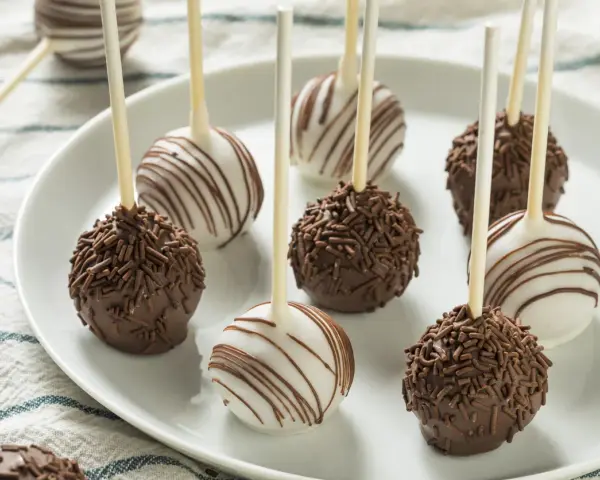 Słodkie cake pops na patyczkach, niektóre w czekoladzie z posypką, inne w białej polewie z czekoladowymi paskami.