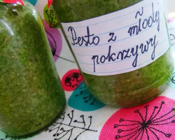 Dwa słoiki domowego pesto z młodej pokrzywy, gotowe do spożycia.