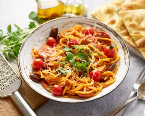 Pyszne spaghetti z chorizo, pomidorkami koktajlowymi i świeżą bazylią, posypane parmezanem. Idealne danie dla miłośników włoskich smaków.
