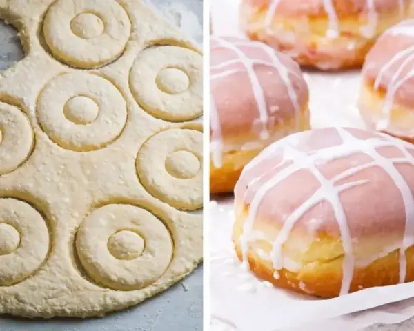 Pączki z piekarnika w trakcie przygotowania i gotowe, polane lukrem.