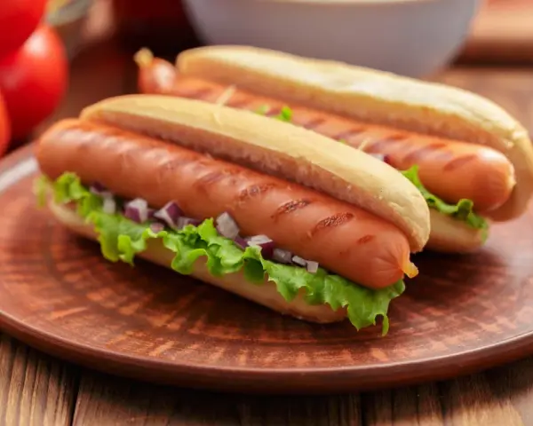 Dwa apetyczne hot dogi z grillowanymi parówkami, sałatą i cebulką. Zastanawiasz się, czy można mrozić parówki? Tak, można je mrozić!