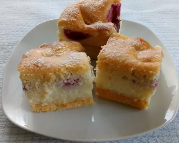 Puszysty biszkopt z masą budyniową i owocami, posypany cukrem pudrem. Idealny na deser.