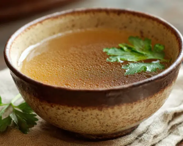 Aromaticzny bulion w glinianej misce, ozdobiony natką pietruszki. Idealny przepis na to, jak zrobić bulion, który rozgrzeje serce.