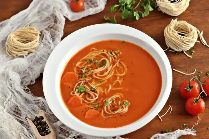 Aksamitna zupa pomidorowa z makaronem i marchewką, udekorowana natką pietruszki. Obok leżą surowe nitki makaronu i pomidorki.