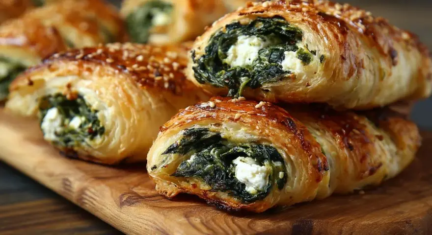 Chrupiące ciasto francuskie ze szpinakiem i serem feta, posypane sezamem, ułożone na drewnianej desce.