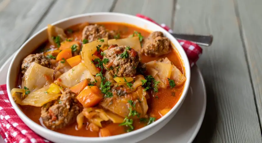 Aromaticzna zupa gołąbkowa z klopsikami, kapustą i marchewką, posypana natką pietruszki.