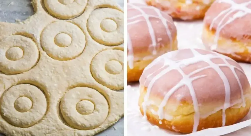 Pączki z piekarnika w trakcie przygotowania i gotowe, polane lukrem.
