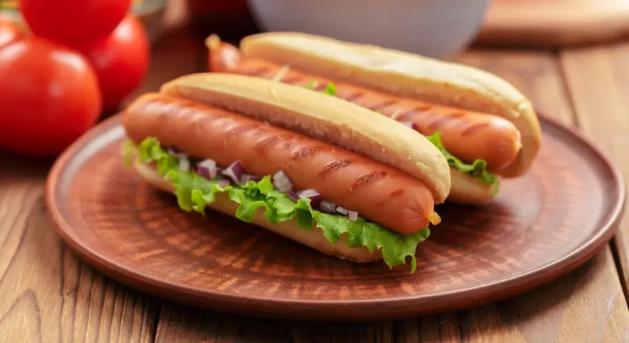 Dwa apetyczne hot dogi z grillowanymi parówkami, sałatą i cebulką. Zastanawiasz się, czy można mrozić parówki? Tak, można je mrozić!