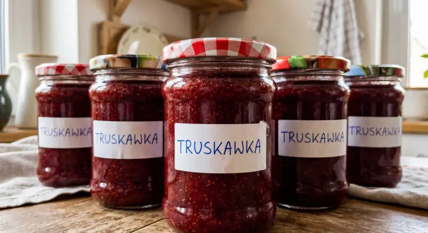 Słoiki domowego dżemu z truskawek, gotowe do spiżarni. Przepis na ten pyszny dżem z pewnością przyda się latem.