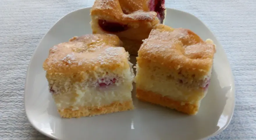 Puszysty biszkopt z masą budyniową i owocami, posypany cukrem pudrem. Idealny na deser.