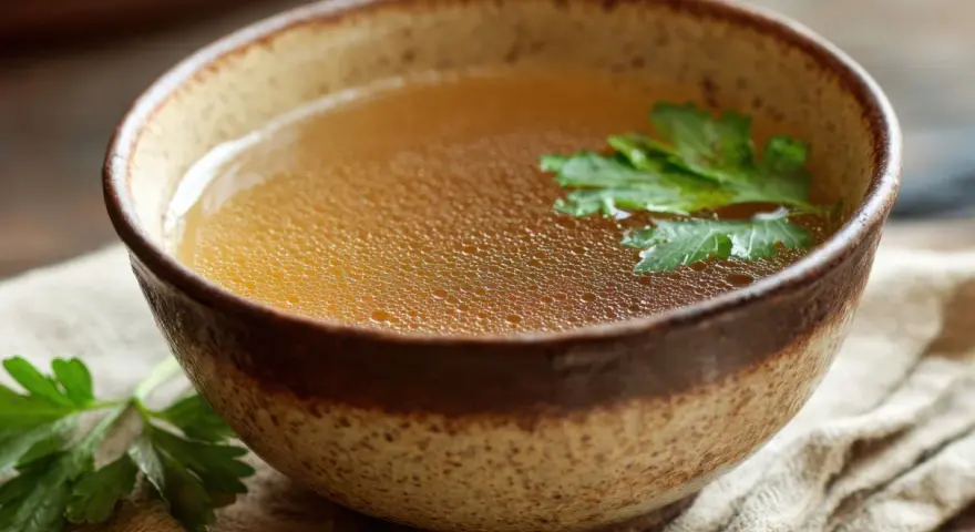 Aromaticzny bulion w glinianej misce, ozdobiony natką pietruszki. Idealny przepis na to, jak zrobić bulion, który rozgrzeje serce.