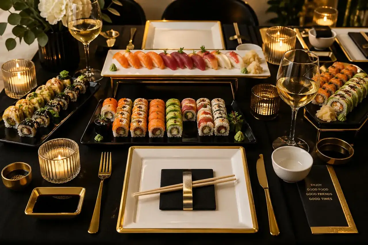 Elegancko nakryty stół z bogactwem sushi, świecami i winem. Idealne miejsce, by cieszyć się dobrym jedzeniem i towarzystwem.