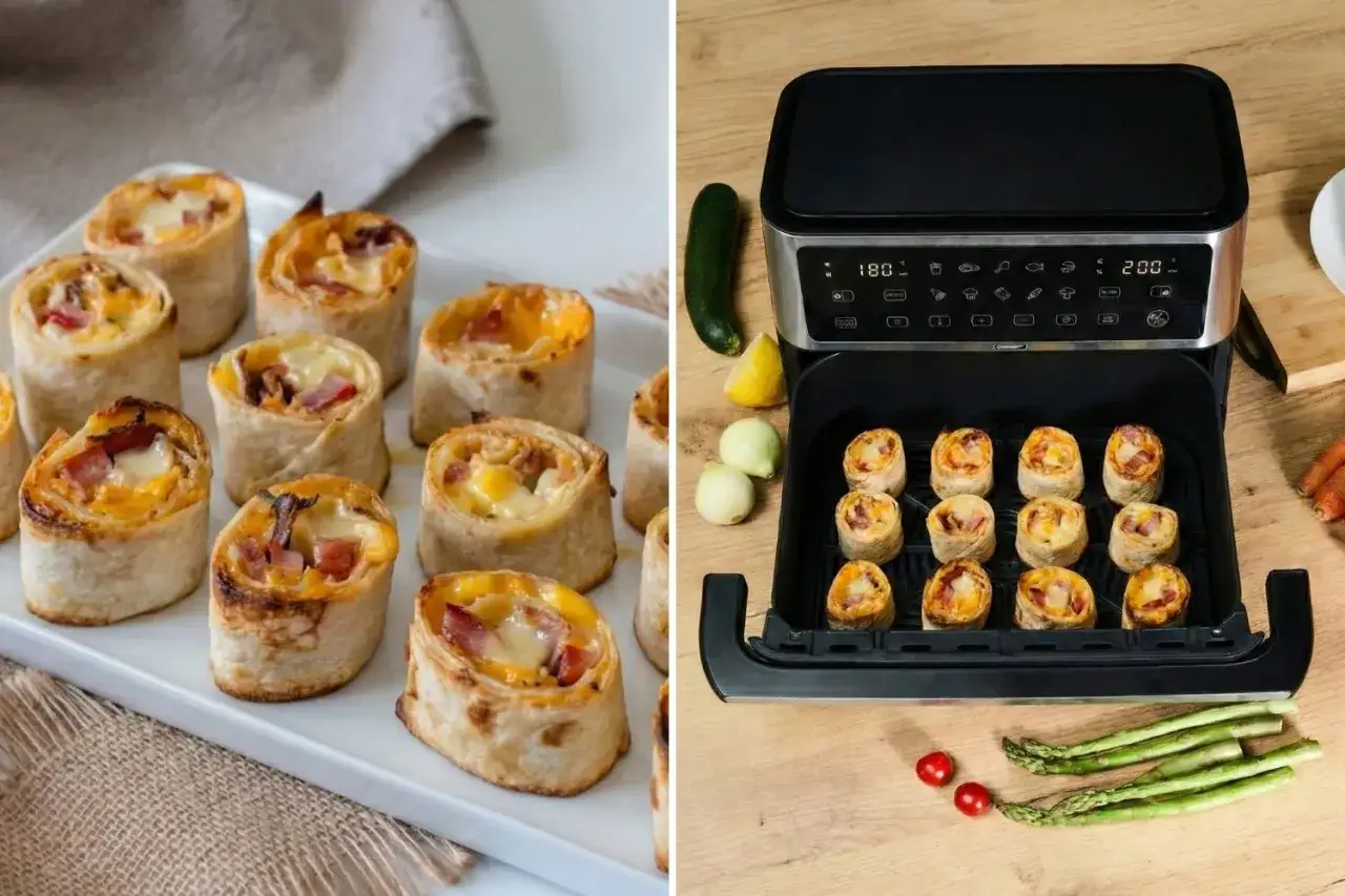 Roladki z tortilli z serem i wędliną, gotowe do podania lub w trakcie pieczenia w airfryerze. Zobacz, co można zrobić w airfryer!