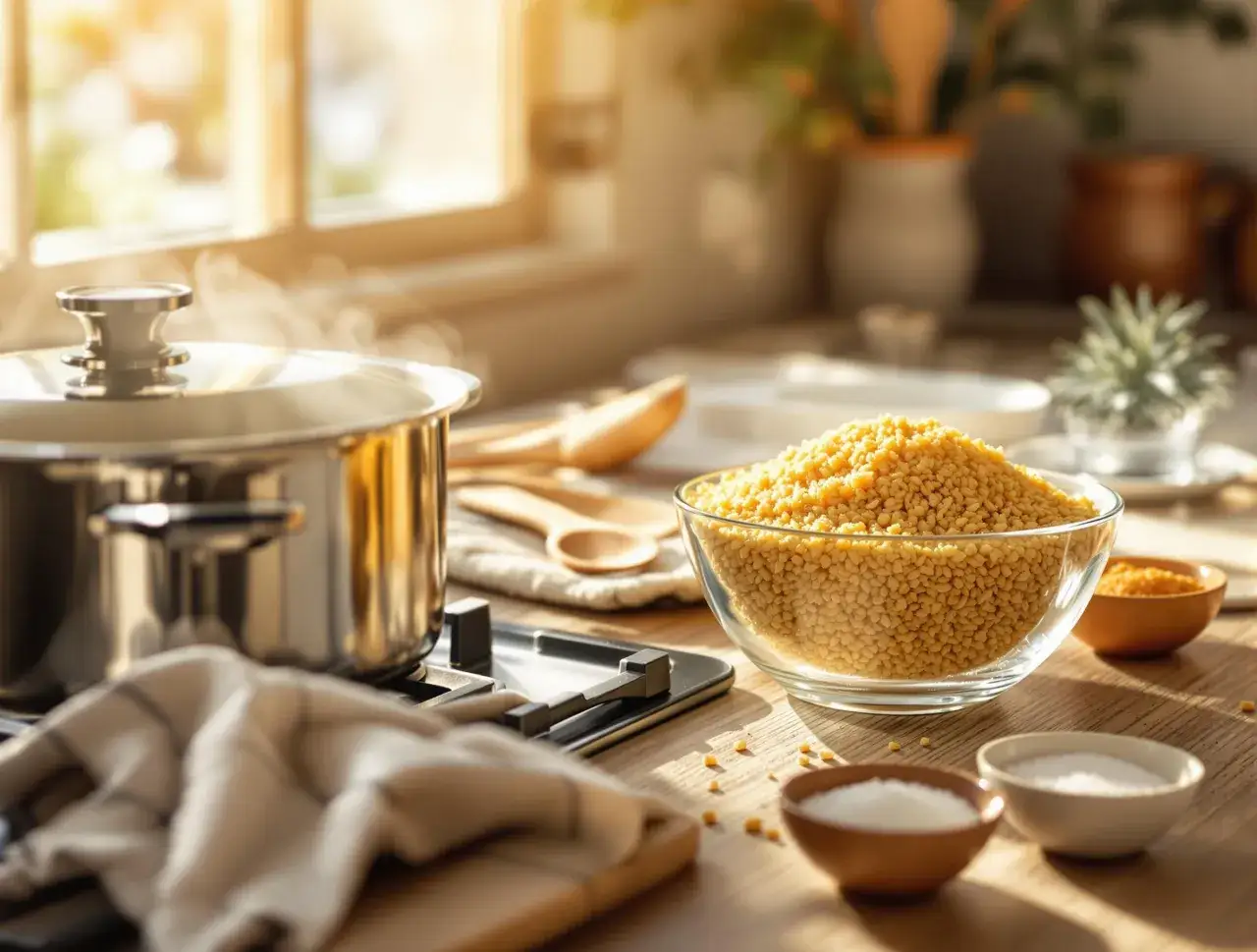 Parująca kasza bulgur gotowanie na kuchence. Obok miska pełna kaszy, drewniane łyżki i małe miseczki z przyprawami.