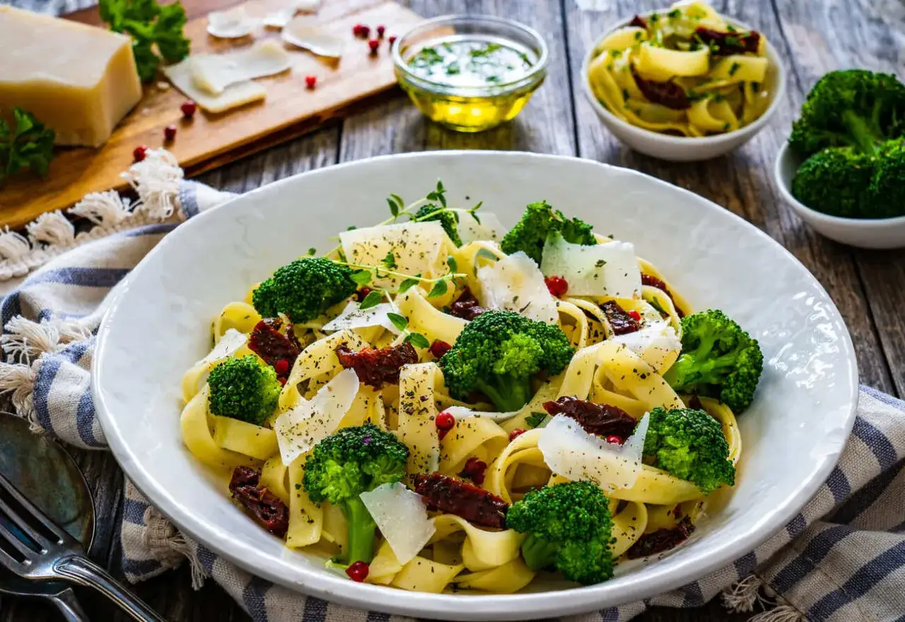 Makaron z brokułami, suszonymi pomidorami i parmezanem. Pyszny pomysł, co zrobić z brokuła, gdy masz ochotę na coś lekkiego i zdrowego.