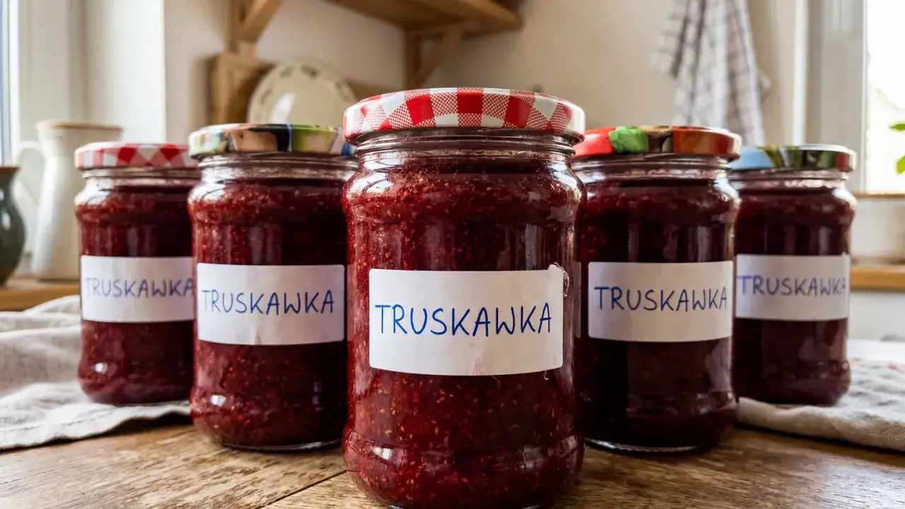 Słoiki z domowym dżemem z truskawek, gotowe do spiżarni. Prosty przepis na pyszny dżem z truskawek.