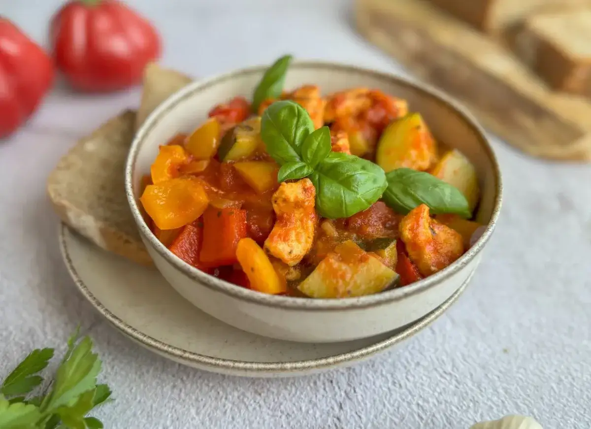 Aromaticzne leczo z kurczakiem w miseczce, ozdobione bazylią, podane z chlebem.